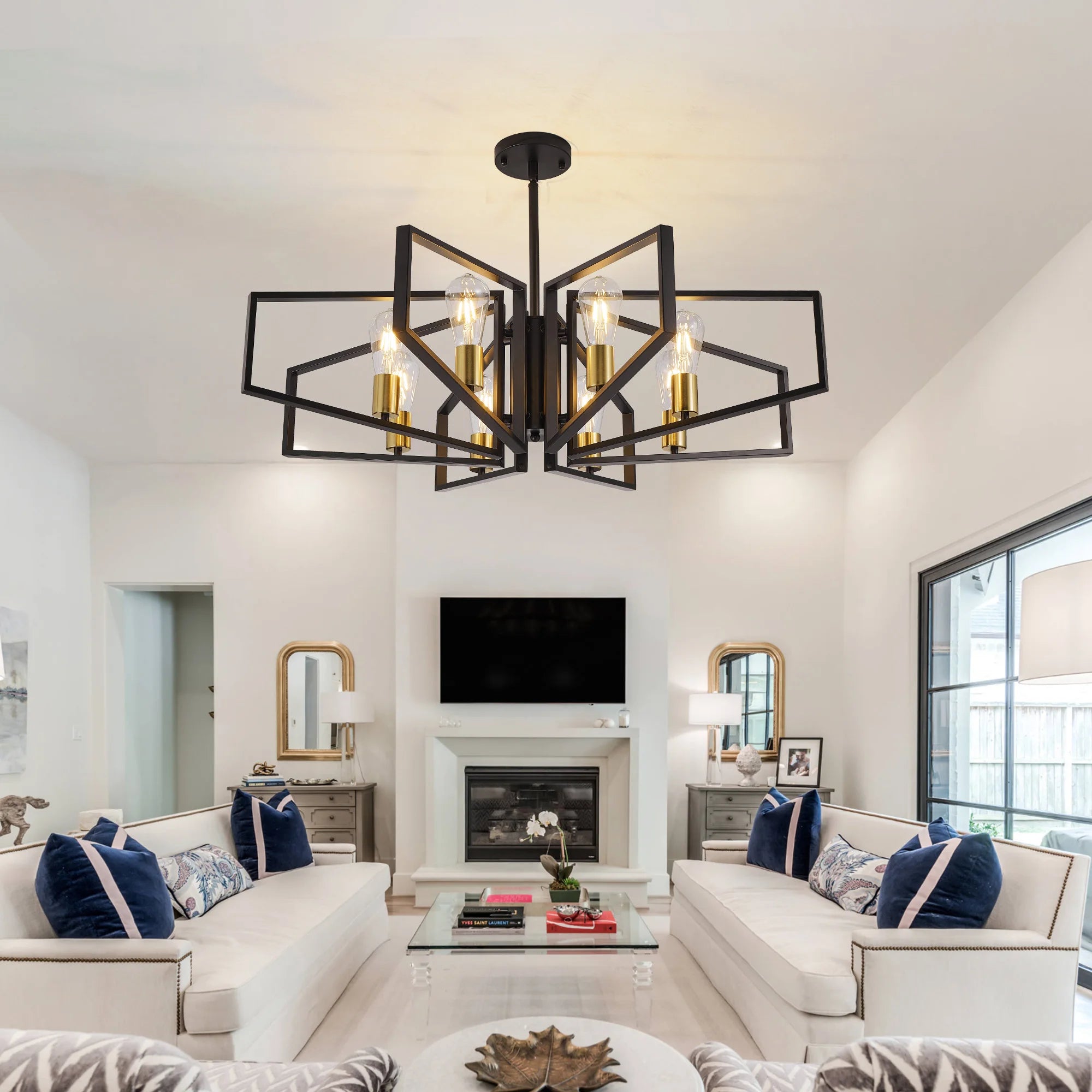 Modern 8-Light Geometric Chandelier Adjustable Height Metal Pendant Light with Black Frame & Golden Accents Ceiling Light Decor