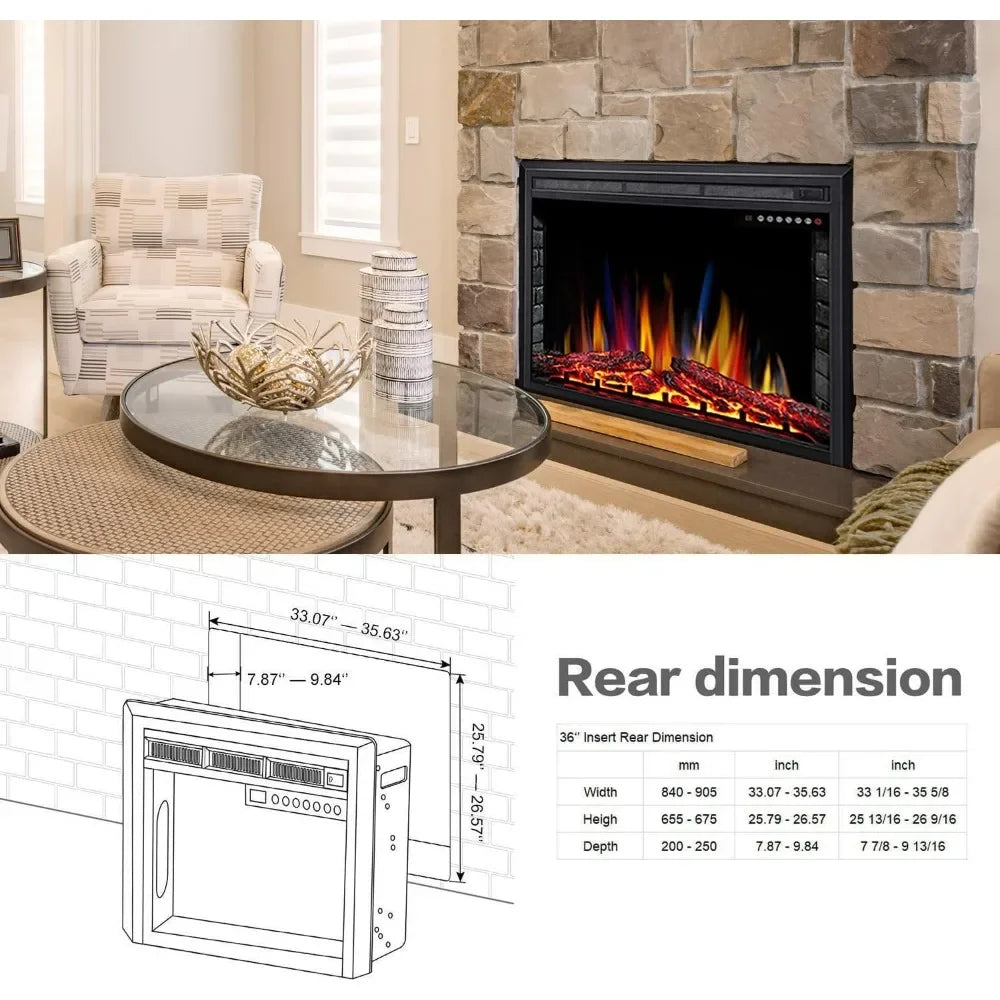 36-inch Electric Fireplace Insert with Recessed Stove Heater, Touchscreen Controls, Remote Operation, Adjustable 750W