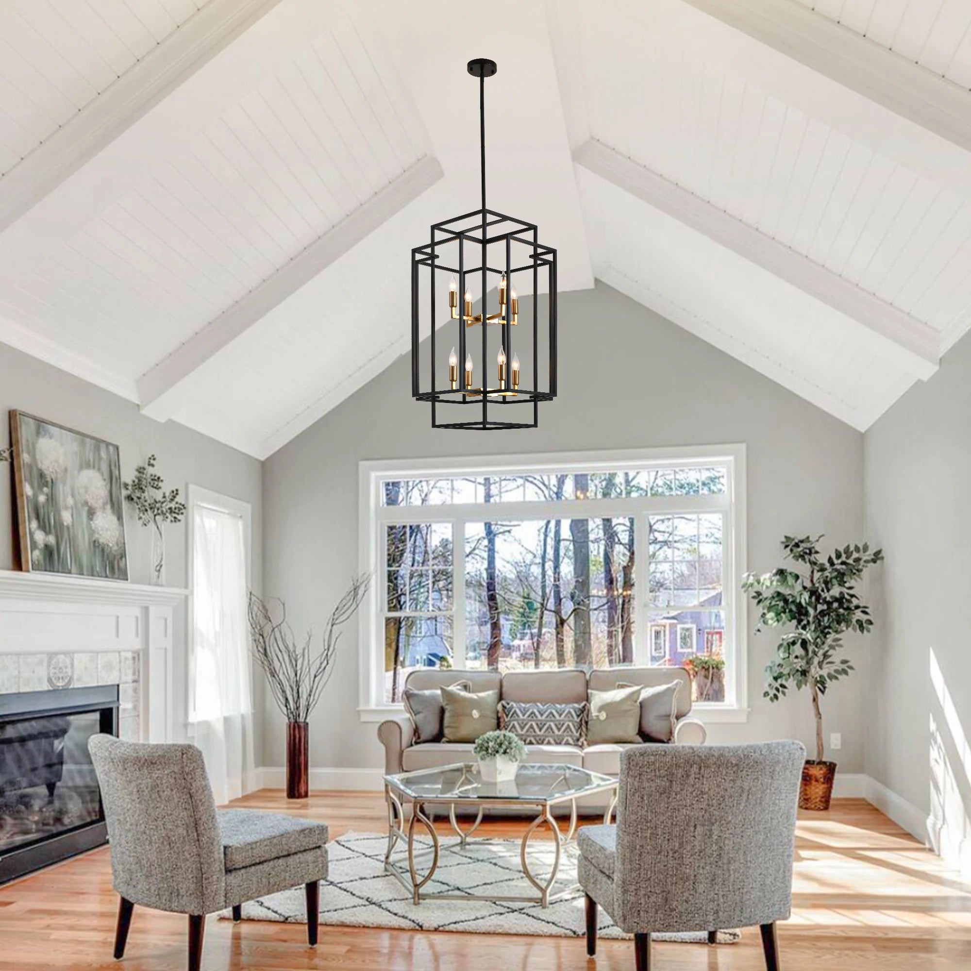 8-Lights Lantern Tiered Pendant Light Fixtures 31.5" Farmhouse Hanging Chandelier for Dining Room Living Room Island Kitchen