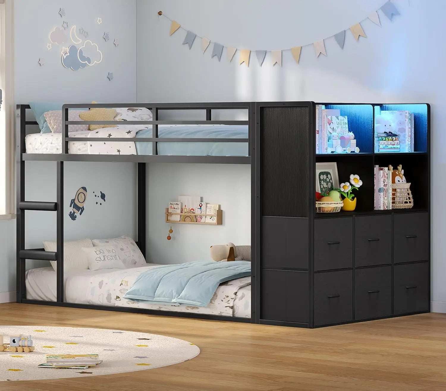 Bunk Bed Twin Over Twin with 6 Large Fabric Drawers & 4 Wooden Storage Bookshelf Organizer, Metal Low Bunk Bed for, Customized