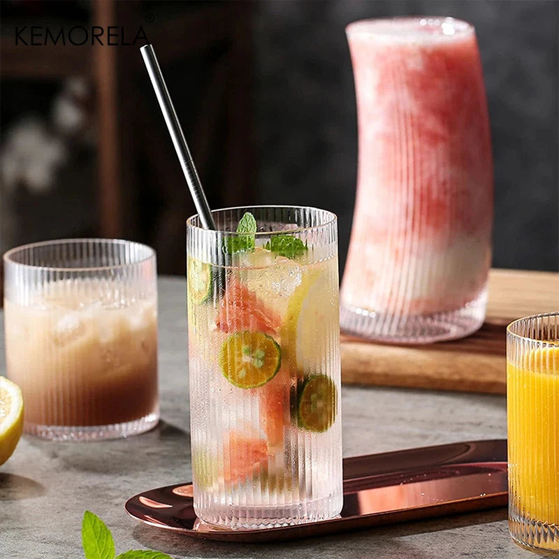 Glasses, Set of 4 Ribbed Vintage Clear Juice Cocktail Iced Coffee