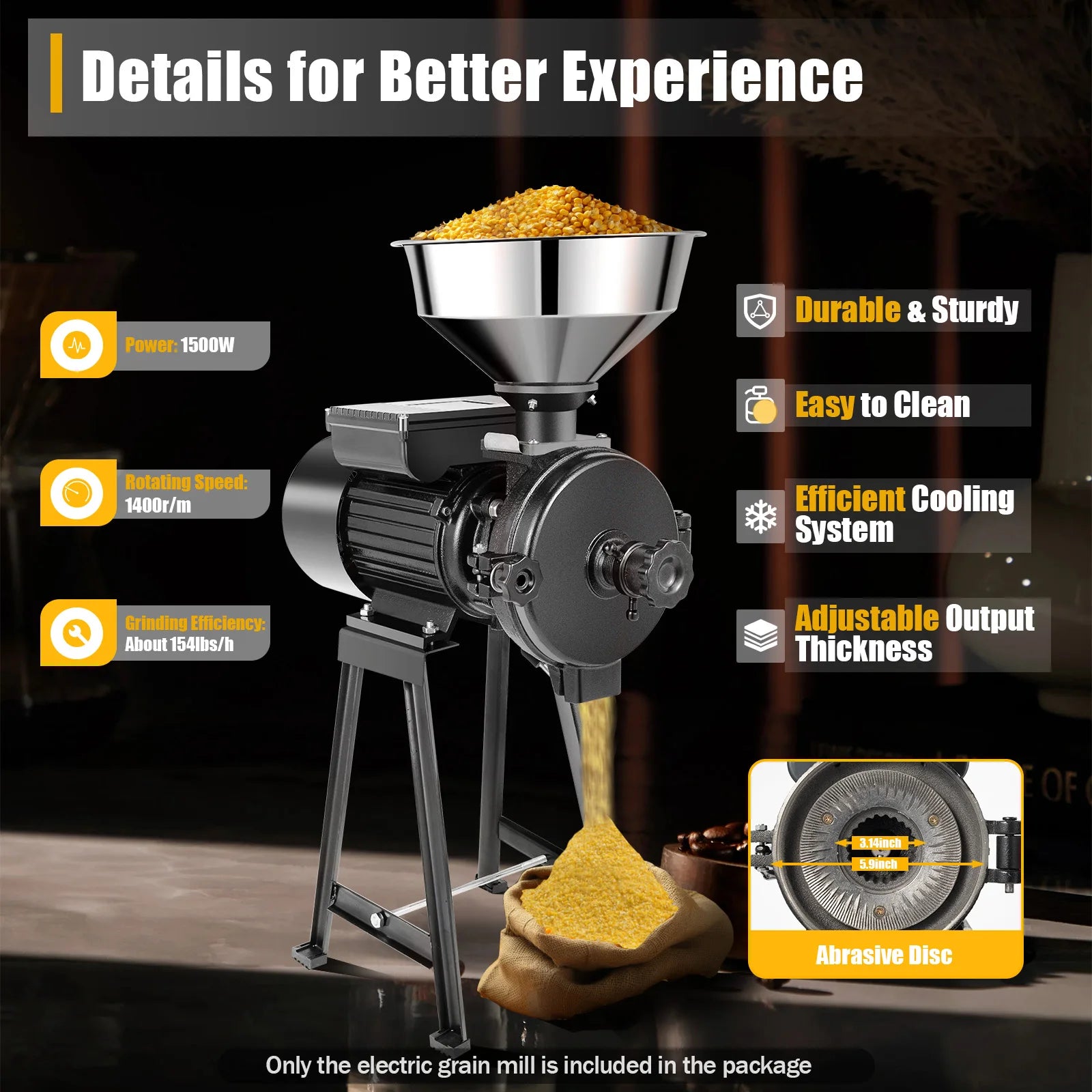 1500W Electric Grain Mill Stainless Steel Grinder 70kg h Capacity for Corn Wheat Beans