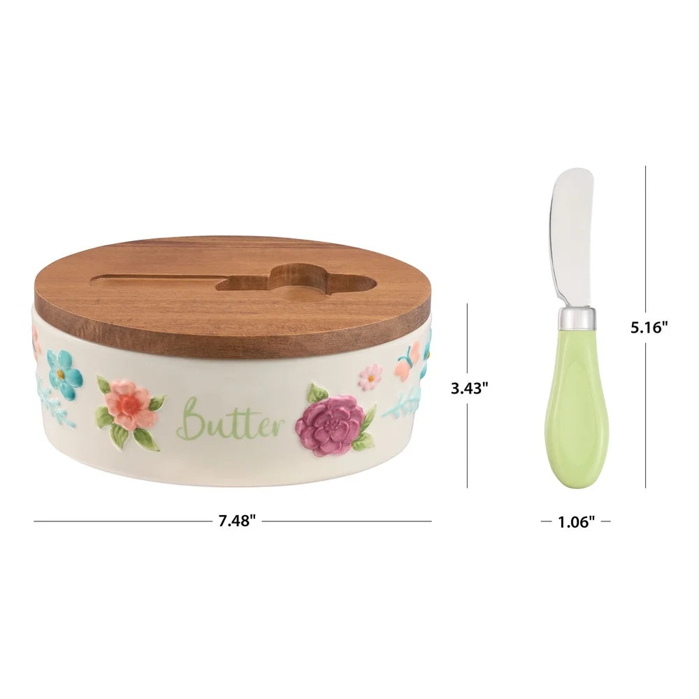 Butter Dish Set w/ Acacia Lid & Knife Painted Ceramic