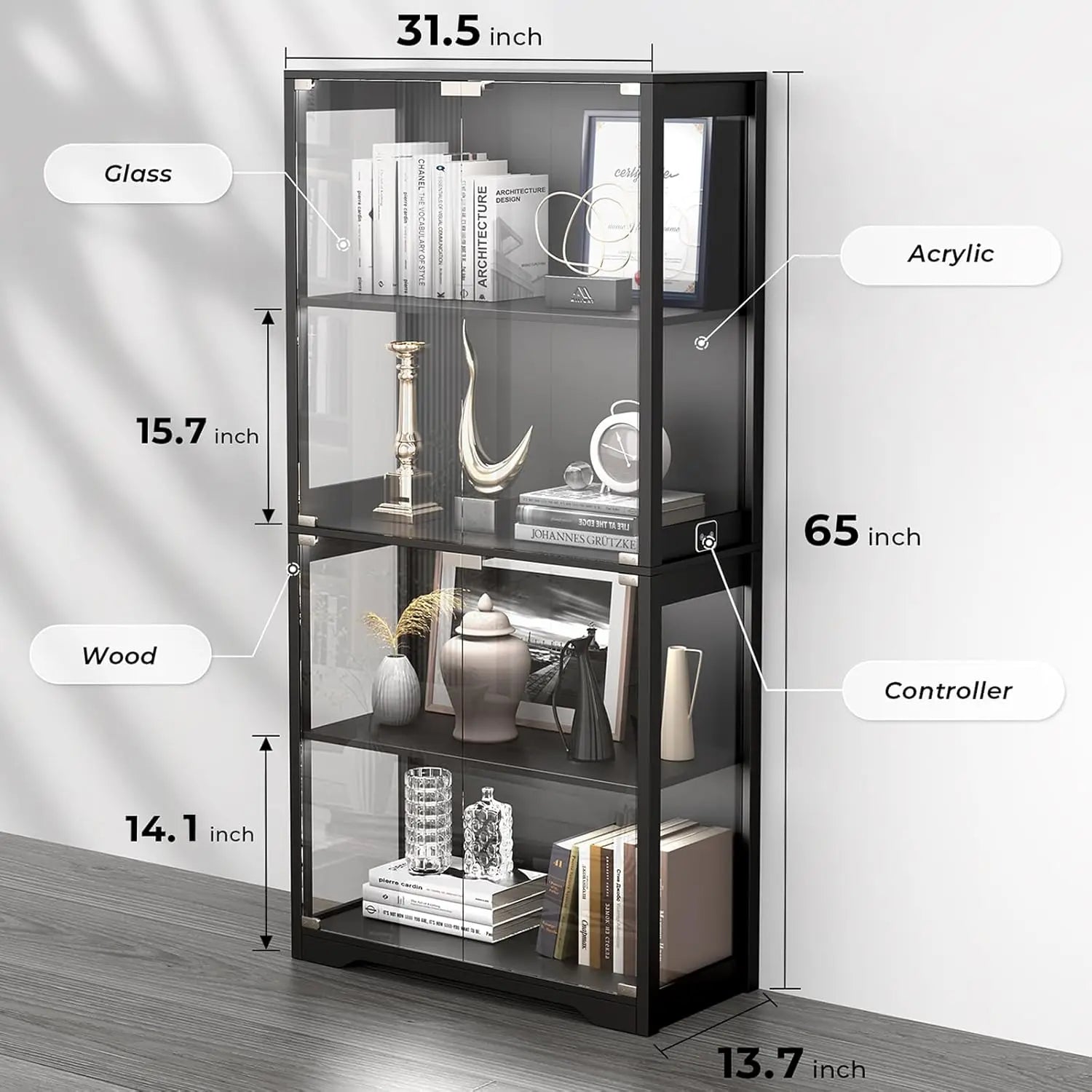 Display Cabinet with Glass Doors, 4-Tier Curio Cabinet with 3 Color Lights for Collectibles, Glass Display Case, Customized