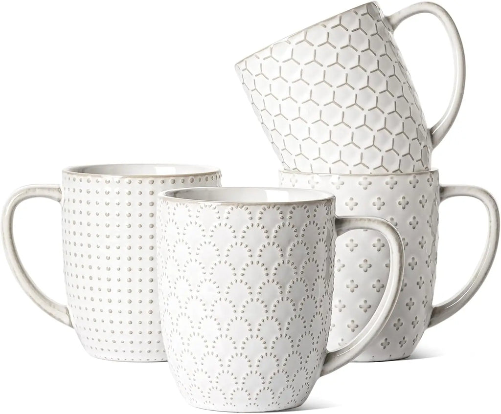 Mugs Set of 4, 16 oz Ceramic Embossed Dishwasher Safe White