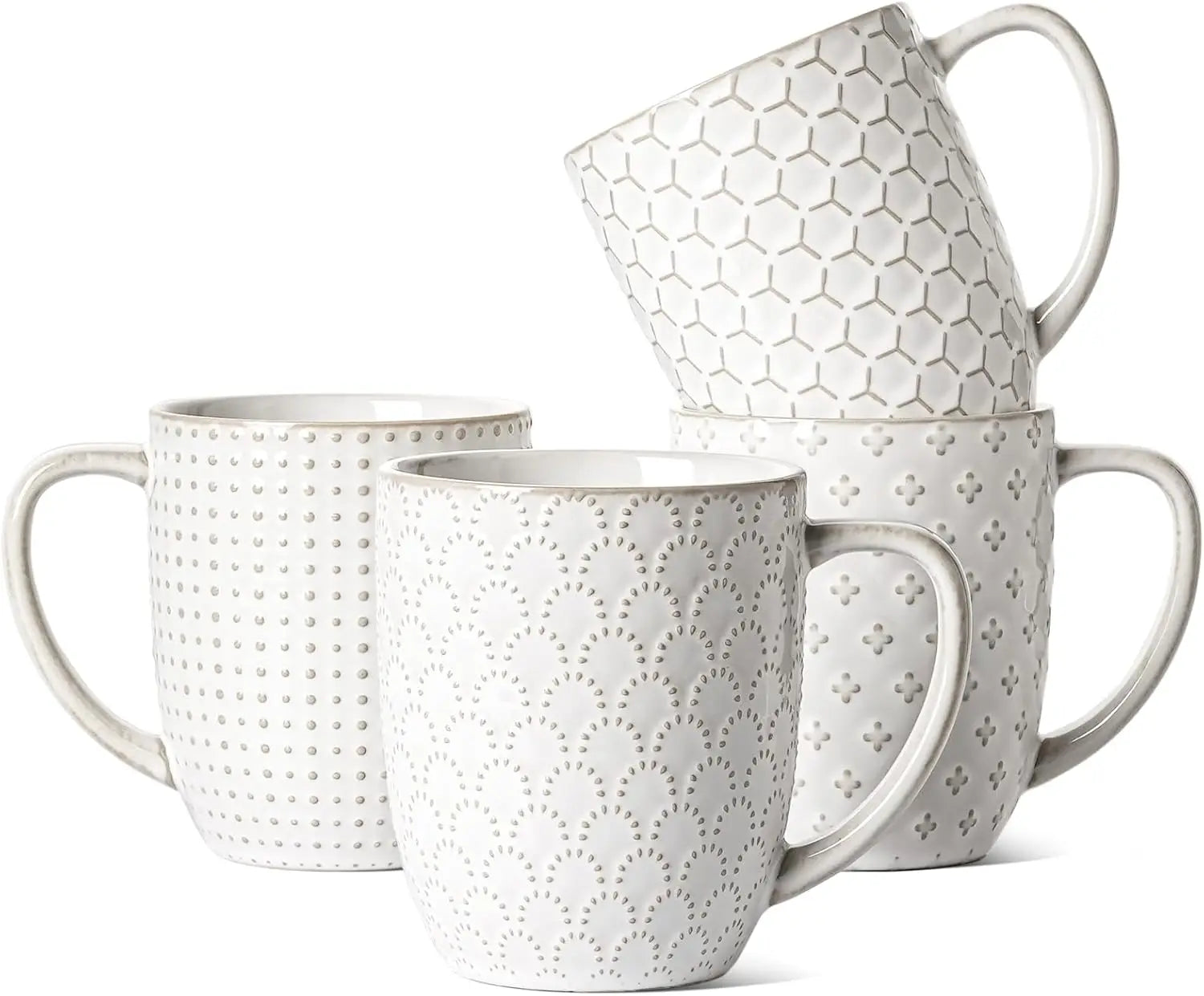 Mugs Set of 4, 16 oz Ceramic Embossed Dishwasher Safe White