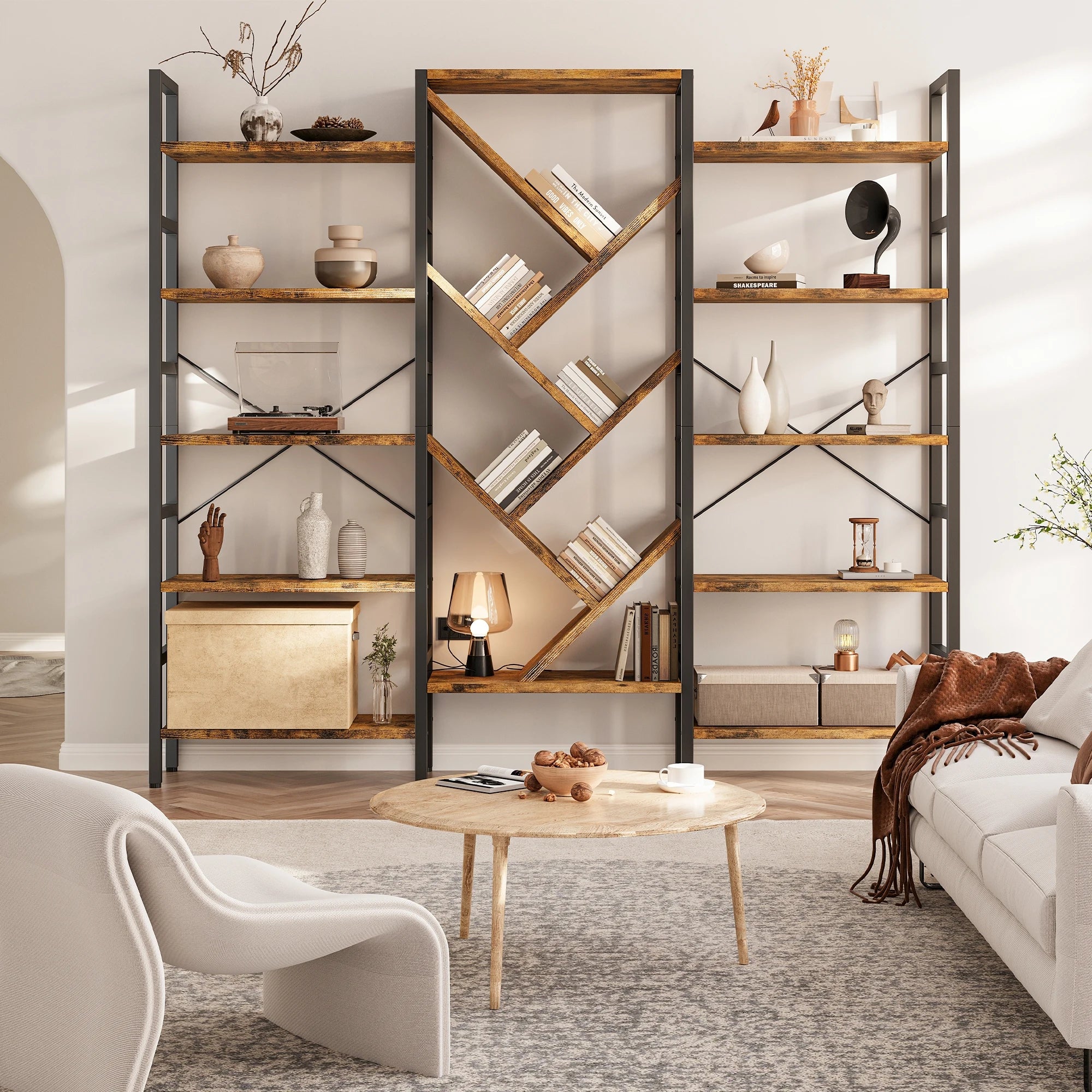 Triple 5 Tier Bookshelf, Large Wooden Bookcase with 17 Open Display Shelves, Modern Tree Book Shelf Metal Frame Tall Bookshelves