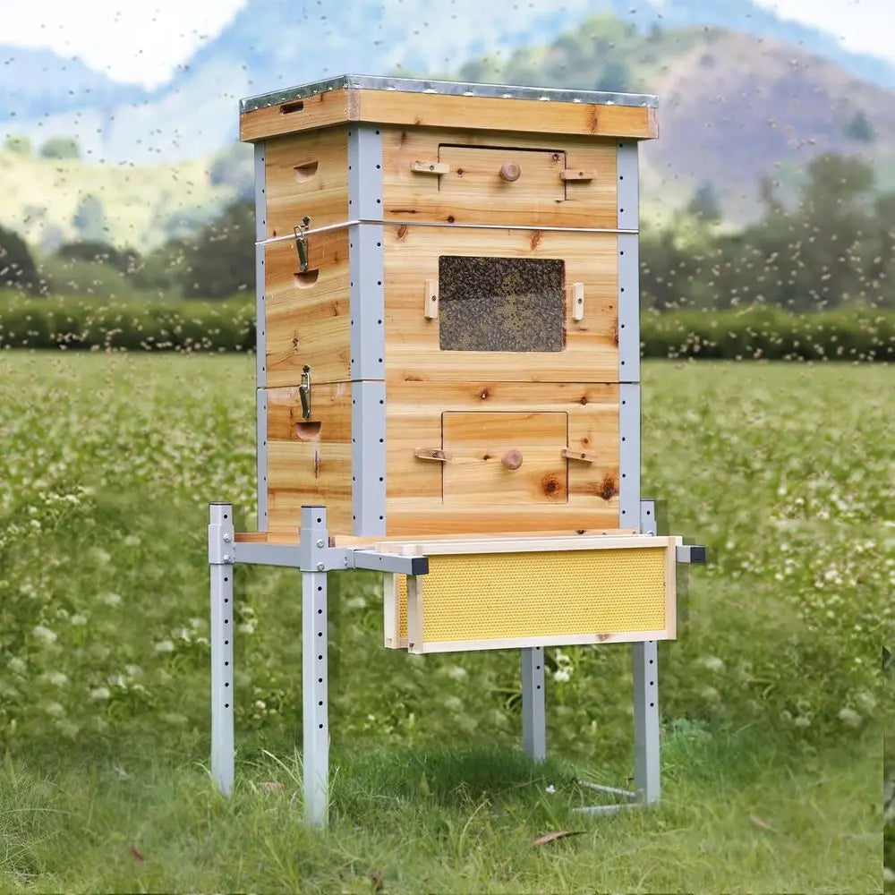 Bee Hive Boxes,3 Layer Metal Frame Bee House with 10 Medium and 20 Deep Frames & Foundations,Honey Bee Hive Starter Kit with Met
