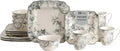 Adelaide 16-Piece Square Floral Dinnerware Set – Service for 4, Grey & White Porcelain Plates & Bowls, for Everyday Dining & Ent