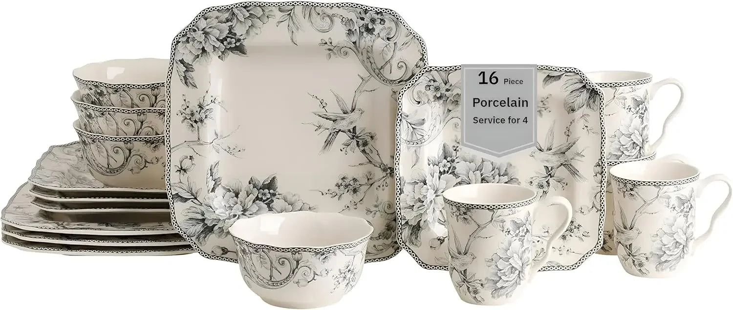 Adelaide 16-Piece Square Floral Dinnerware Set – Service for 4, Grey & White Porcelain Plates & Bowls, for Everyday Dining & Ent