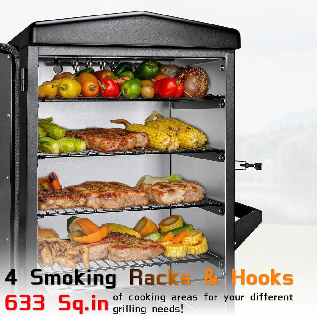 Smoker Grill, 4-Rack BBQ Electric w/ Meat Probe, Wood Chip Loader