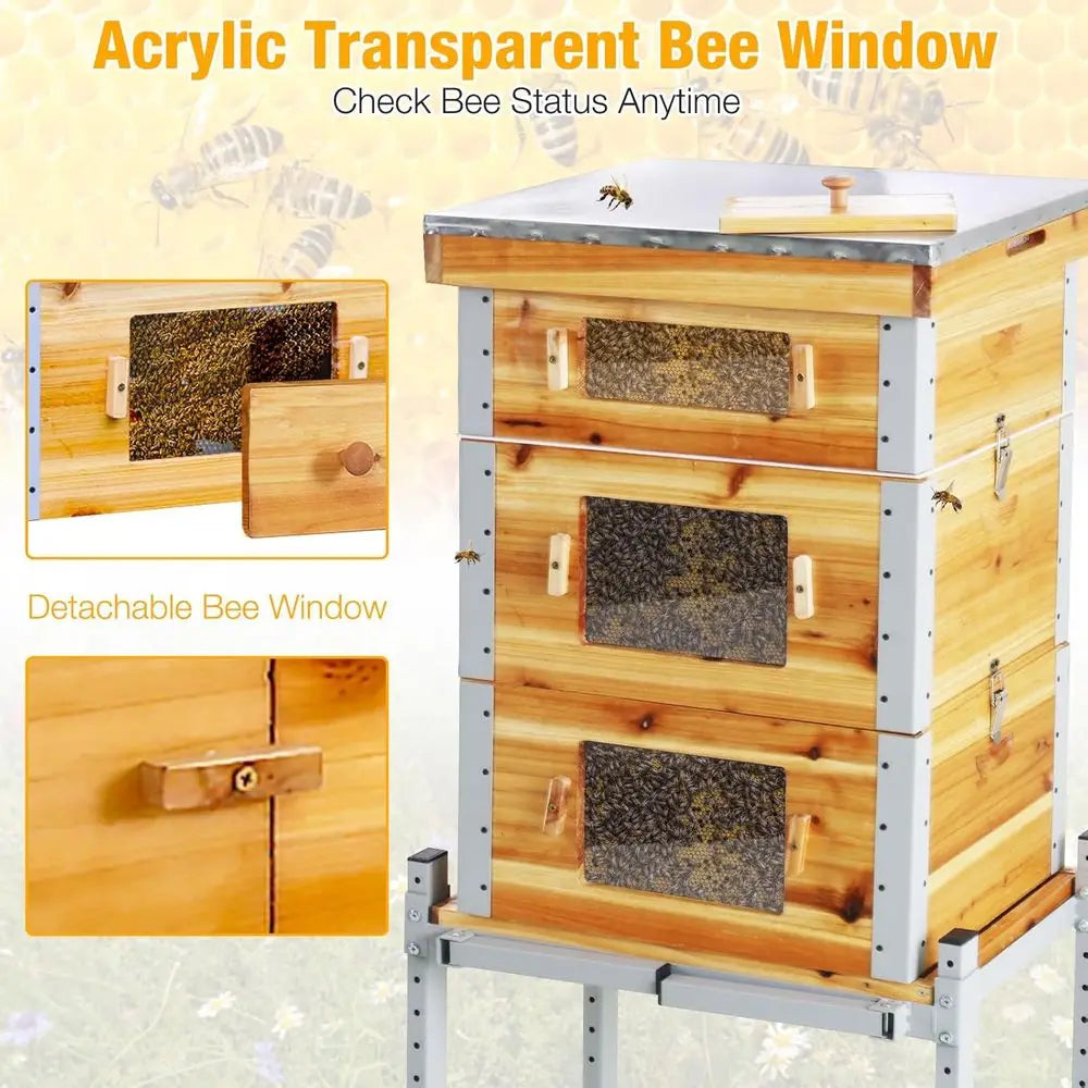 Bee Hive Boxes,3 Layer Metal Frame Bee House with 10 Medium and 20 Deep Frames & Foundations,Honey Bee Hive Starter Kit with Met
