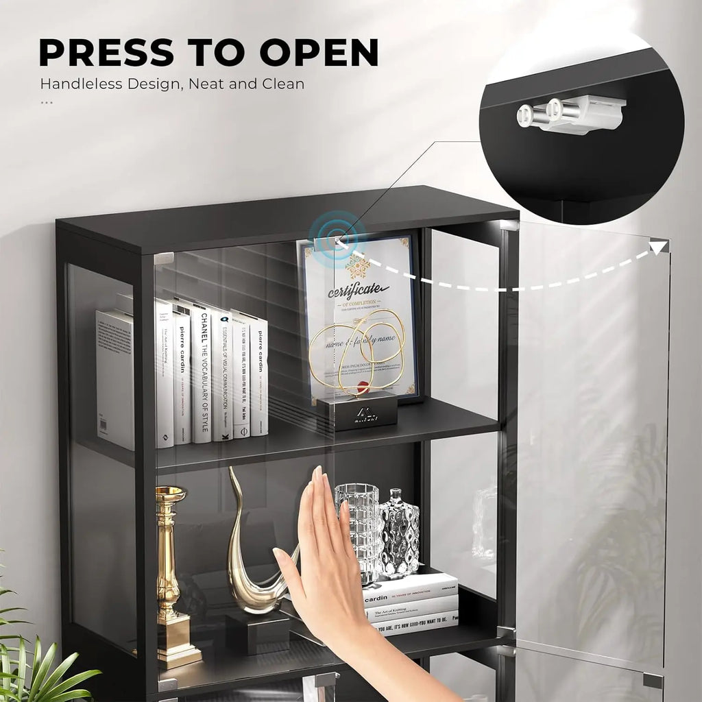 Display Cabinet with Glass Doors, 4-Tier Curio Cabinet with 3 Color Lights for Collectibles, Glass Display Case, Customized