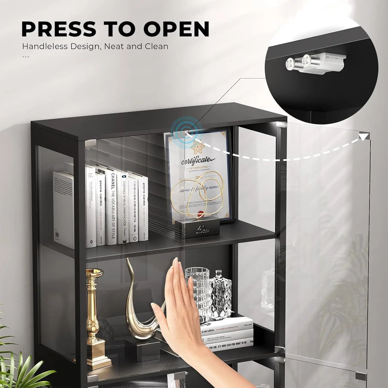Display Cabinet with Glass Doors, 4-Tier Curio Cabinet with 3 Color Lights for Collectibles, Glass Display Case, Customized