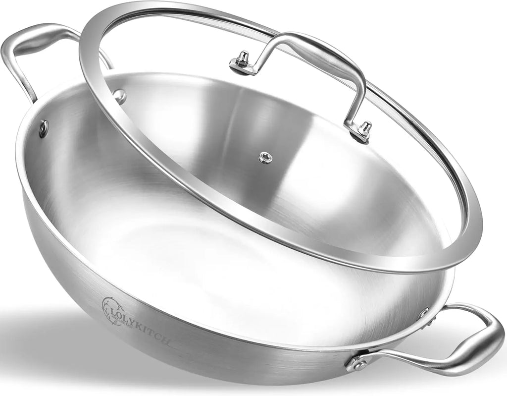 Wok w/ Glass Lid, 13-In Stainless Steel 5.5 Qt Induction Pot, Dishwasher & Oven Safe