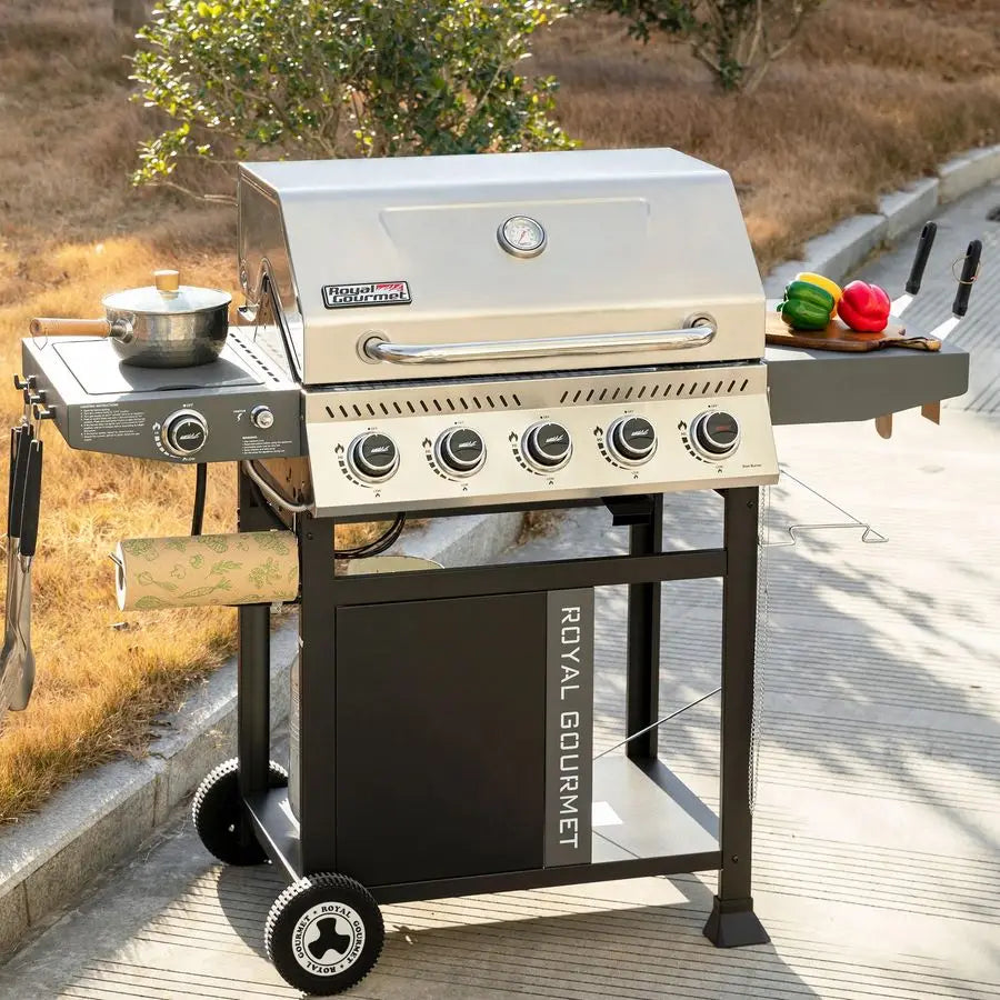 Gas Grill w/ 5-Burner BBQ Porcelain Enameled Cast Iron