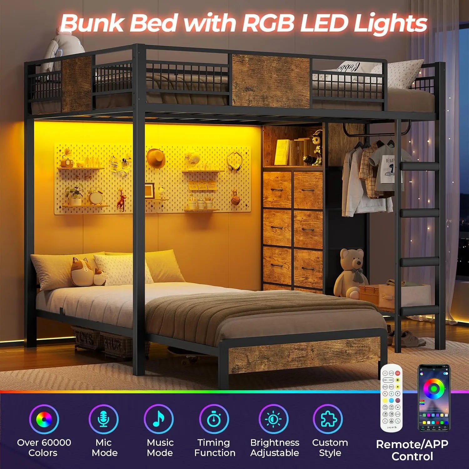 Bunk Bed Twin Over Twin Size with 8 Storage Drawers, Twin Bunk Beds with Led Lights & Storage Shelves, Metal Loft Bed , Black