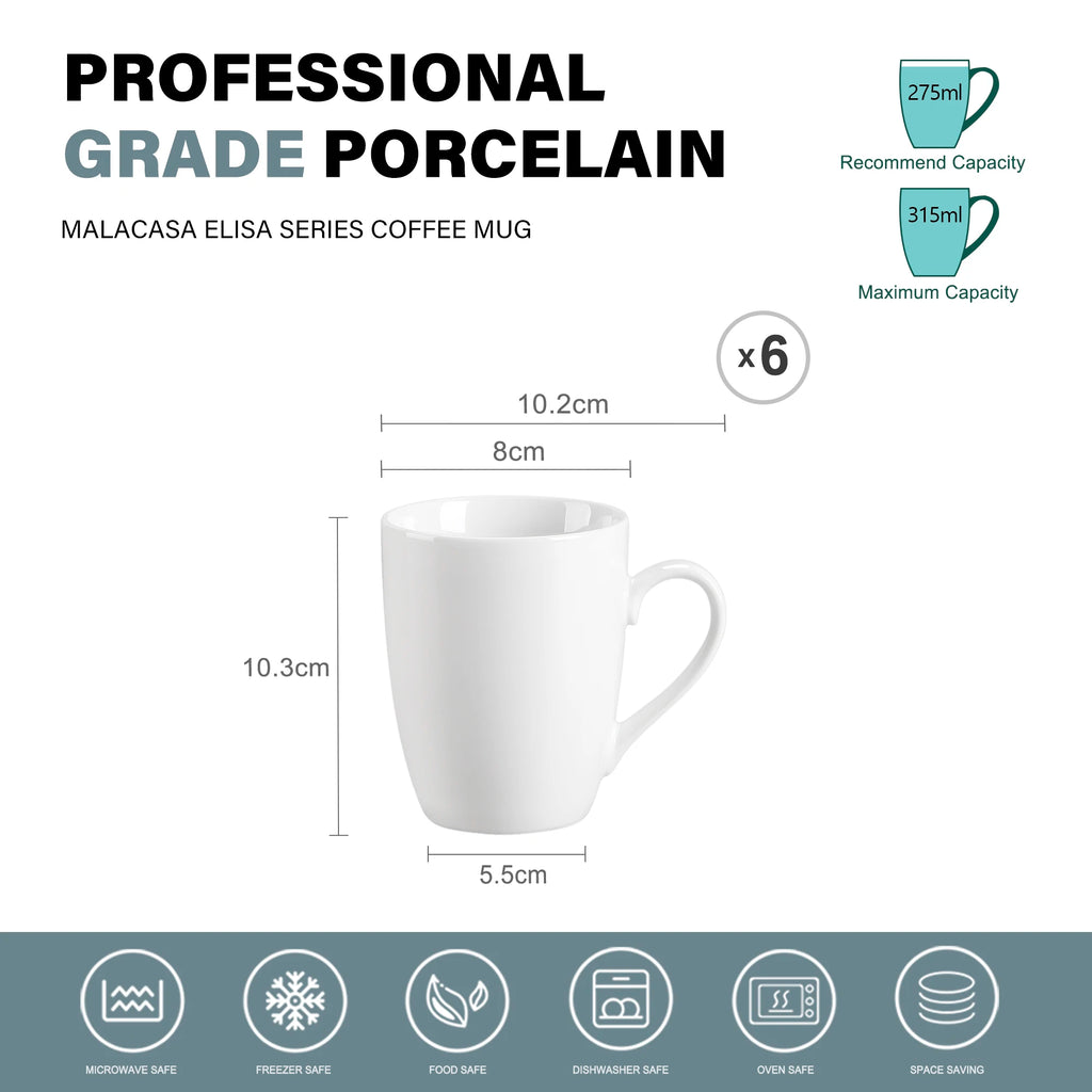 Mugs, 6 Pieces White Porcelain