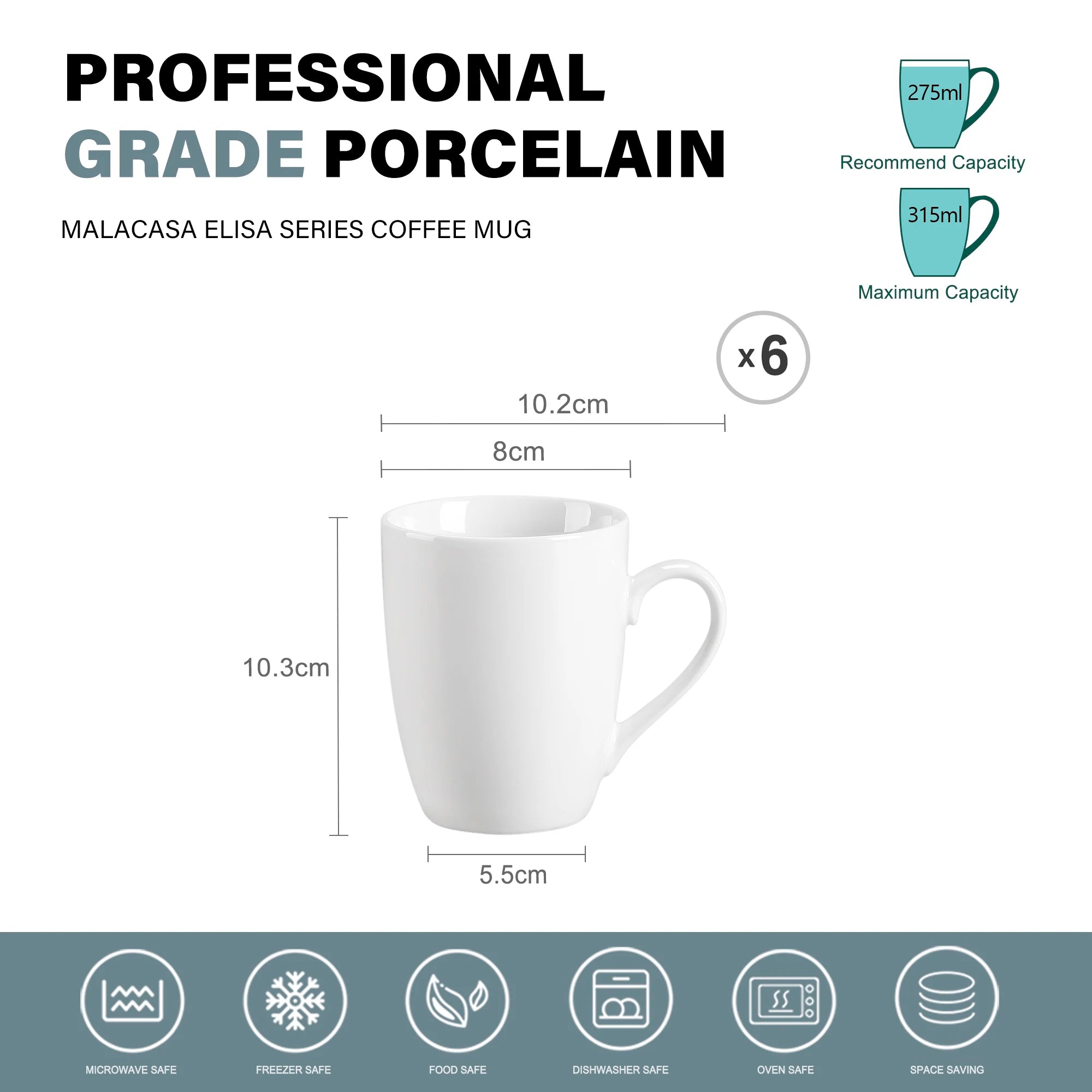 Mugs, 6 Pieces White Porcelain