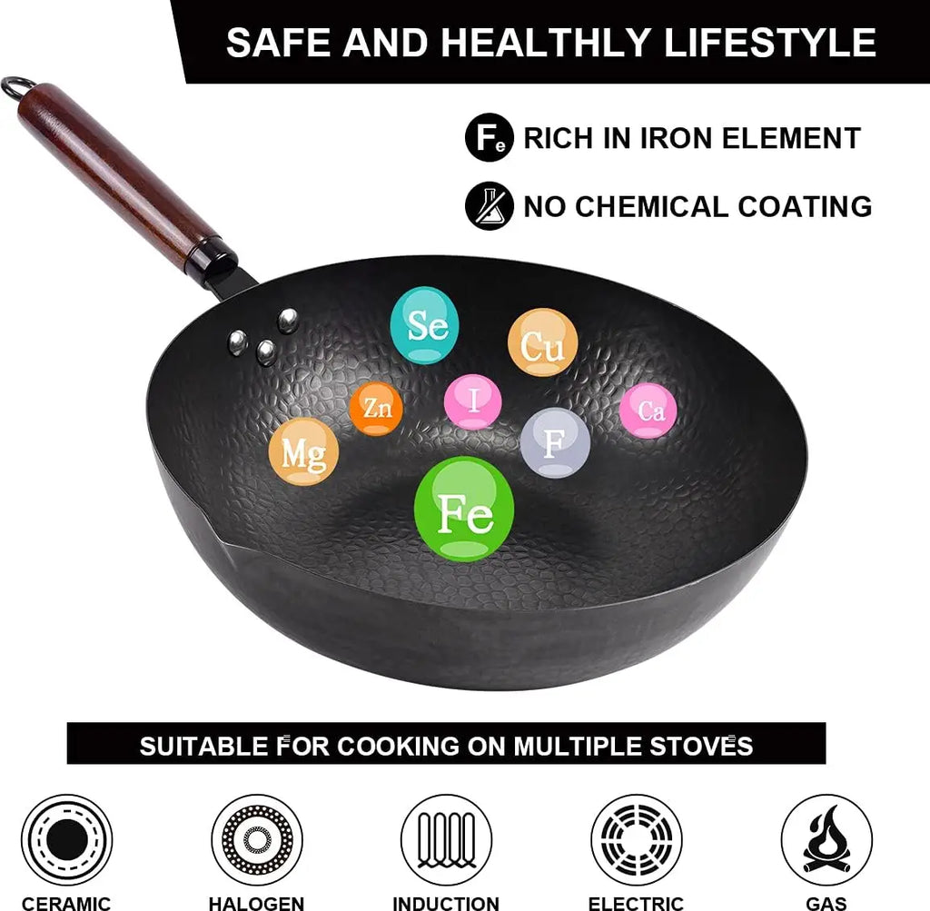 Wok Set w/ Wood Lid & 10 Utensils 12.8" Steel Flat Bottom