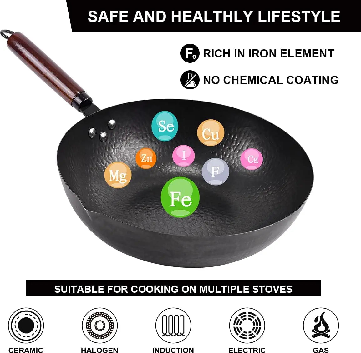 Wok Set w/ Wood Lid & 10 Utensils 12.8" Steel Flat Bottom