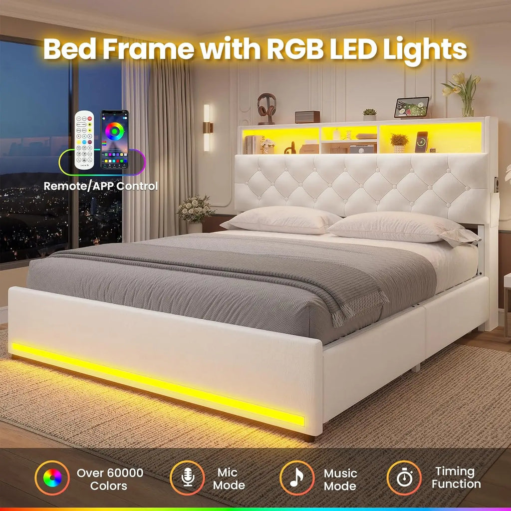 Modern Velvet Platform Bed with LED Lights, Storage Drawers, and Charging Station in Creamy White