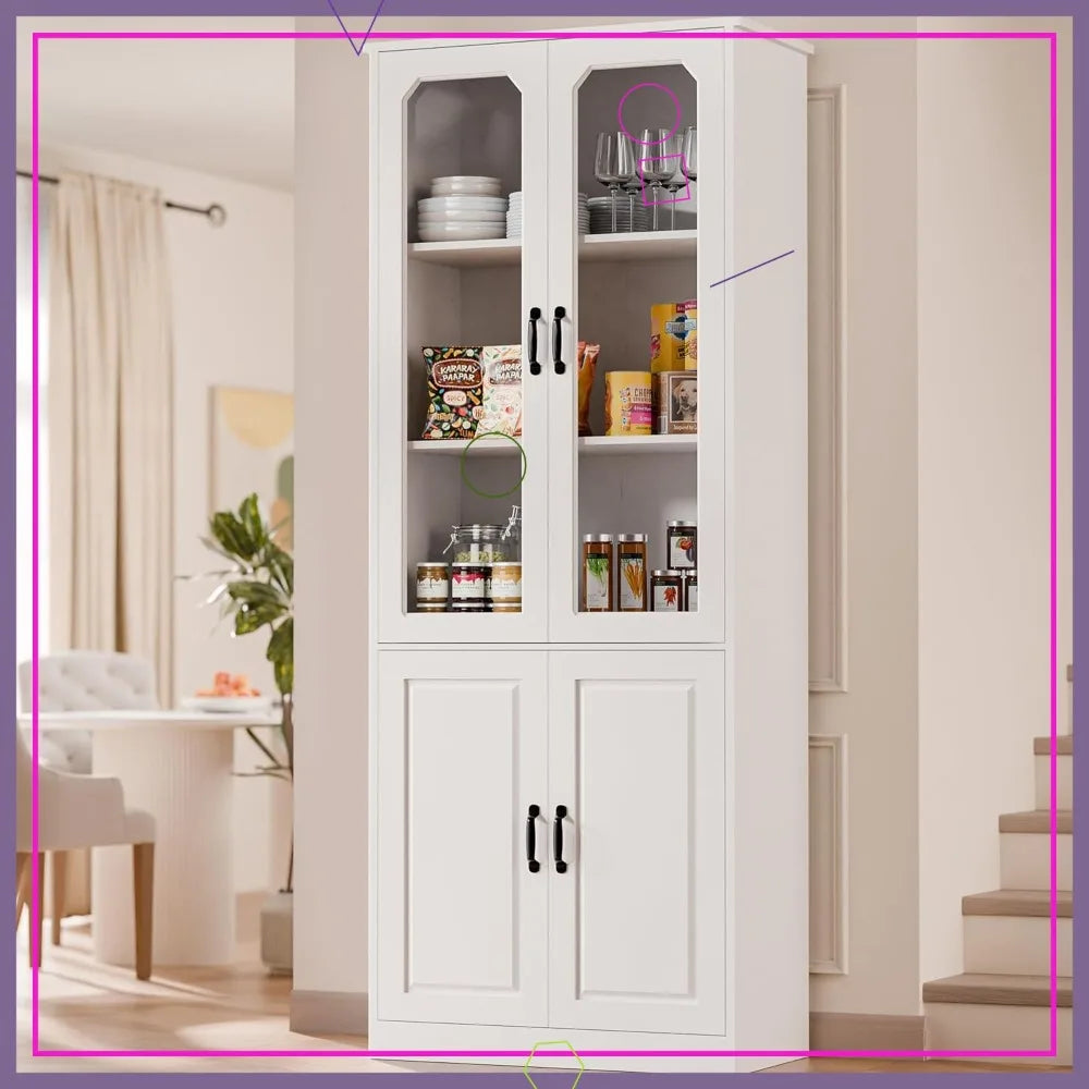 78.7" Tall Kitchen Pantry with Glass Doors, Adjustable Shelves, Freestanding Storage Cabinet for Dining Living Room