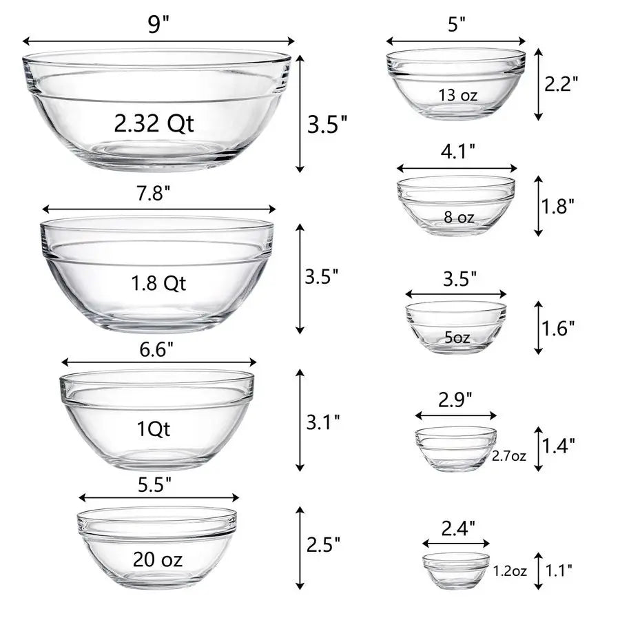 Mixing Bowls Set of 9 Glass - Baking, Cooking & Storage