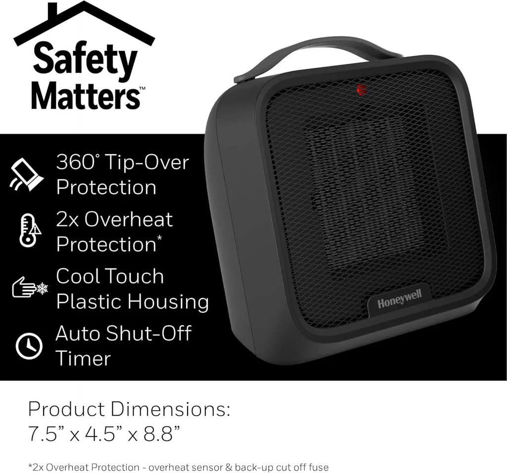 Space Heater, Compact Ceramic Quiet w/ Timer Black