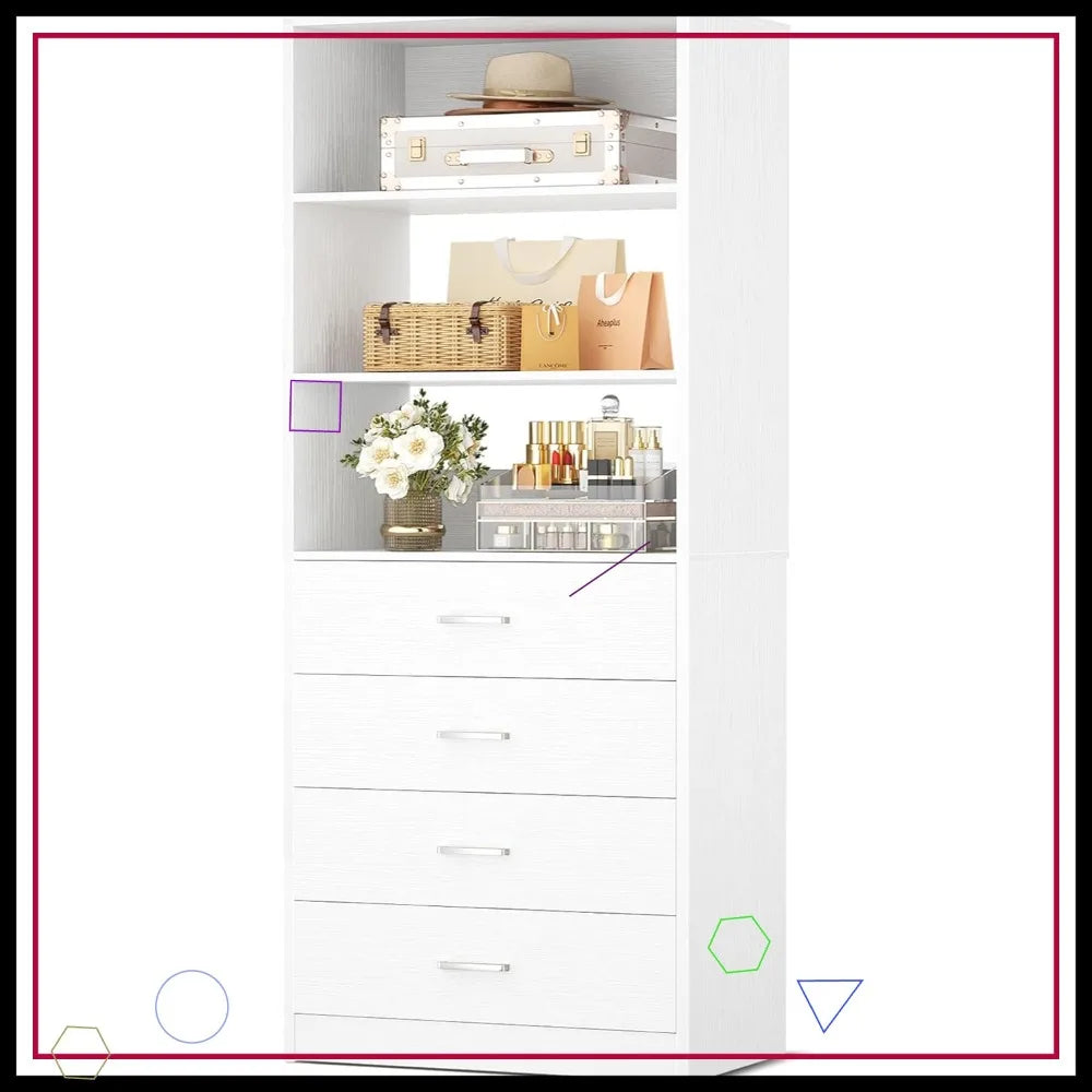21.3" White Wood Closet Organizer with 4 Drawers, Modular Storage System for Small Closets