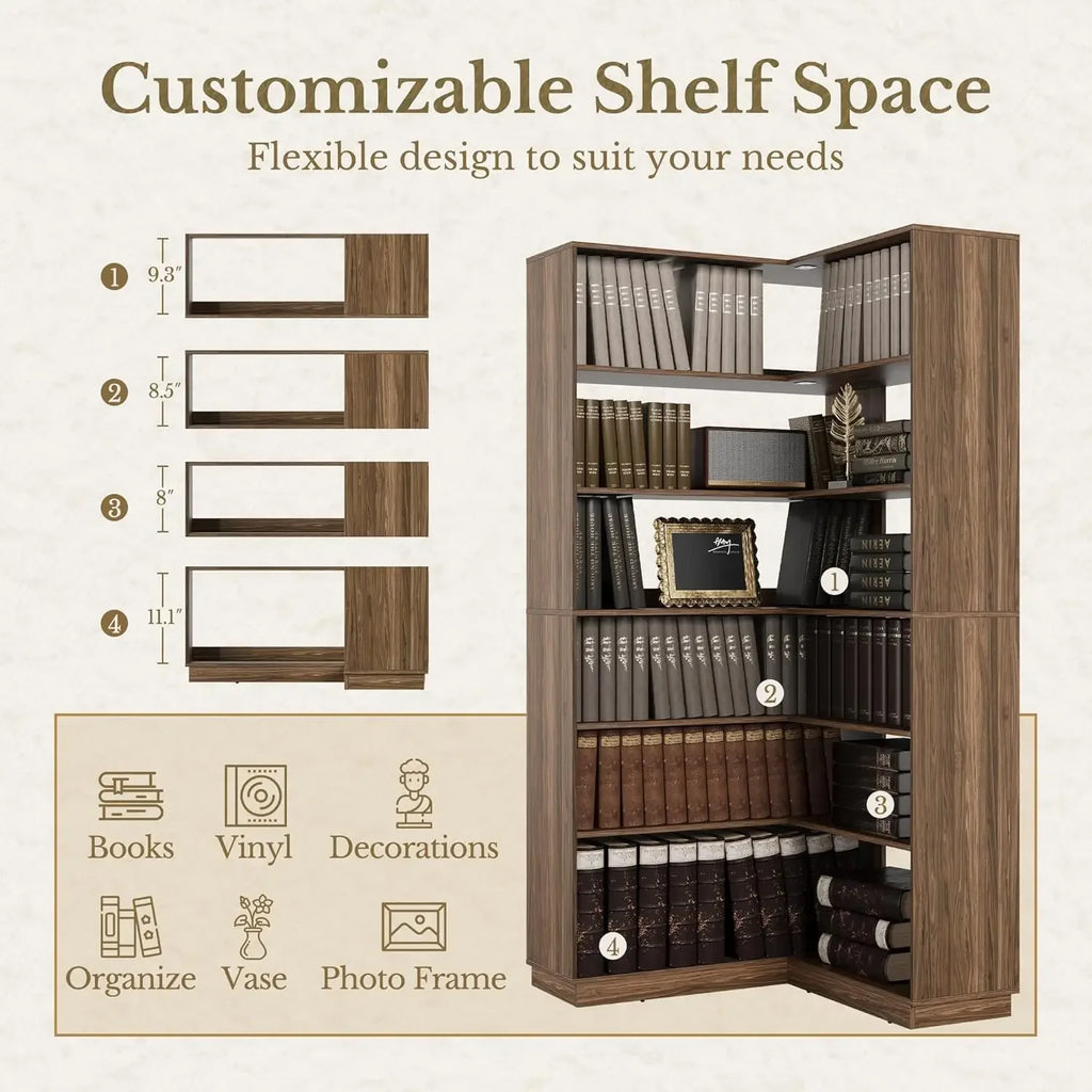 Corner Book Shelf, 6 Tier 73 Inch Tall Corner Bookshelf with Open Storage, Wood L Shaped Bookcase Storage Display Rack for Home