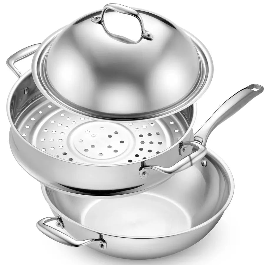 Wok Set w/ Lid & Steamer, 12 Inch 5 Quart Induction Compatible, Oven Safe
