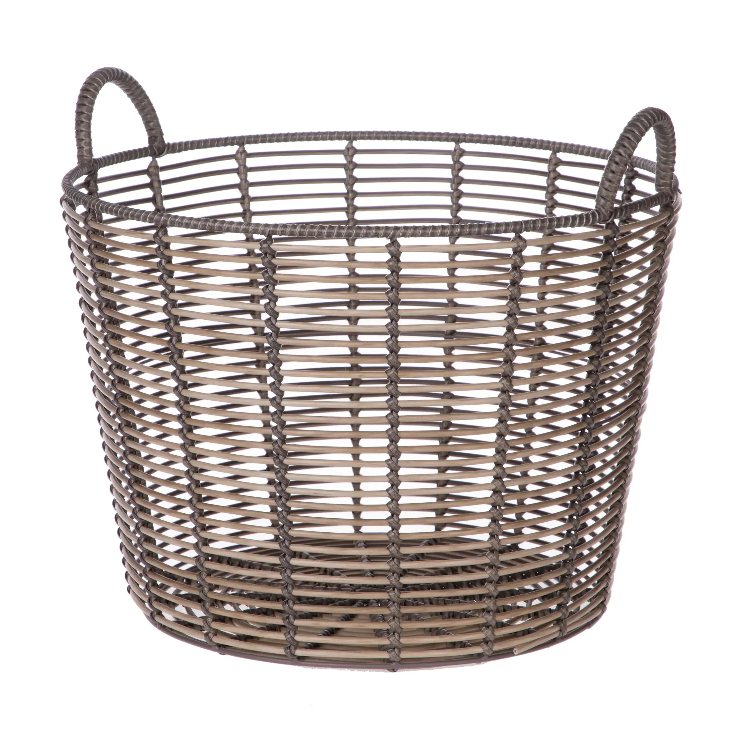 (2 pack)  Extra Large Round Poly Rattan Decorative Storage Basket with Handles, 18.7 in x 16 in