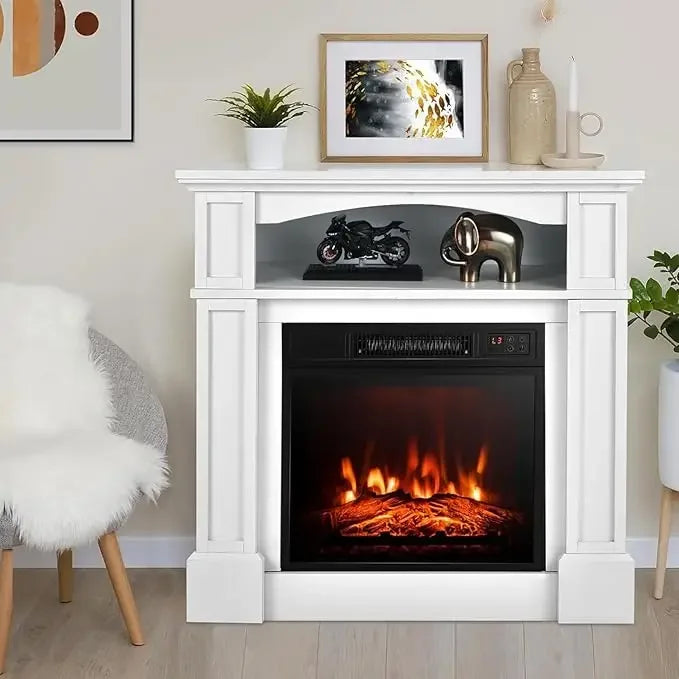 32 Inch Freestanding Electric Fireplace with Mantel, Realistic Flame, Thermostat, 3-Level Brightness, and Remote Control