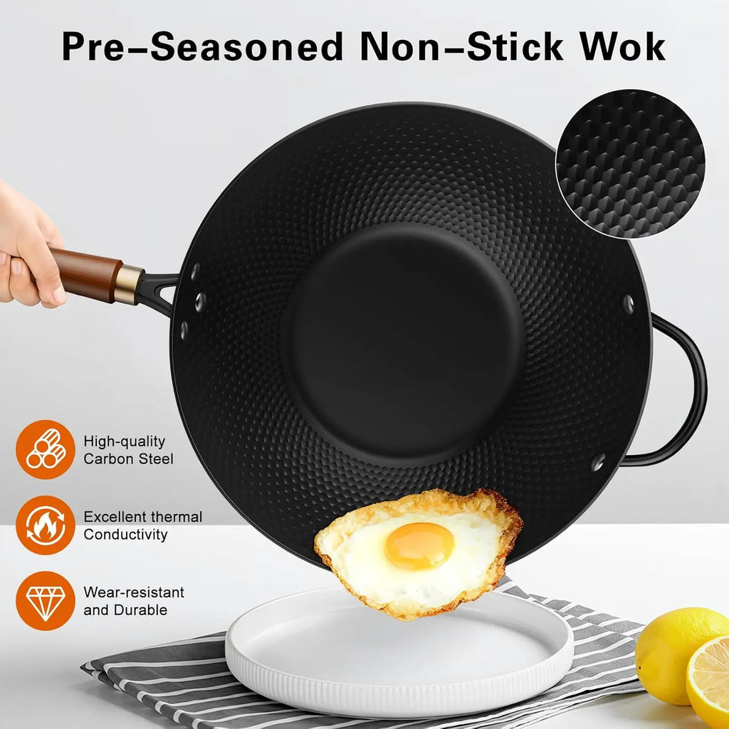 Wok Pan w/ Glass Lid, 13-In Steel Non-stick Induction Compatible