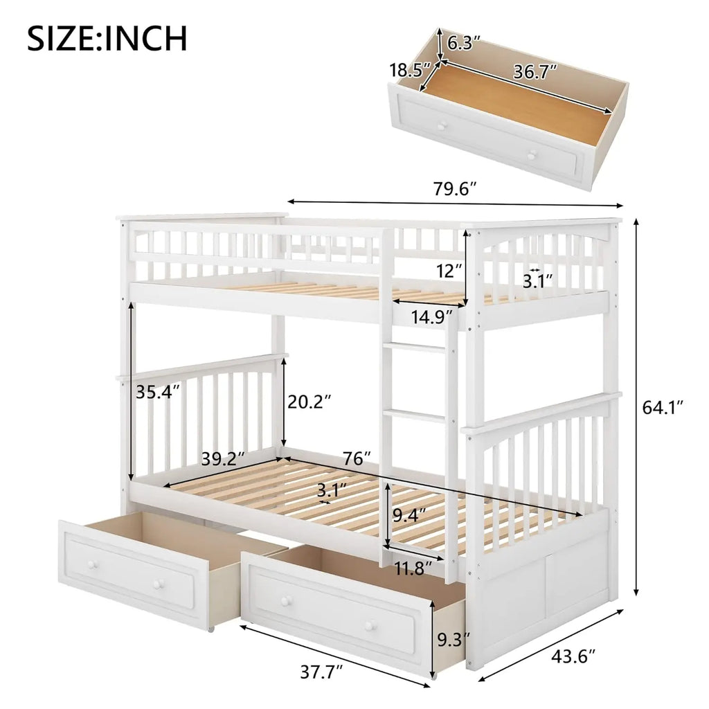 Convertible Twin Bunk Bed with Storage Drawers & Ladder Separates into Two Daybeds Wood Frame White Customized