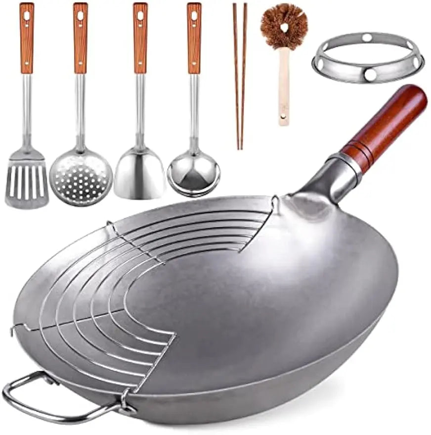 Wok Set w/ 8 Accessories, 13.4" Round Bottom Steel
