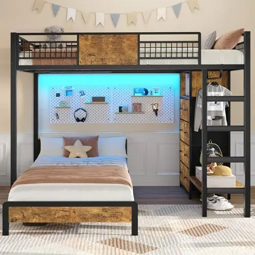 Bunk Bed Twin Over Twin Size with 8 Storage Drawers, Twin Bunk Beds with Led Lights & Storage Shelves, Metal Loft Bed , Black