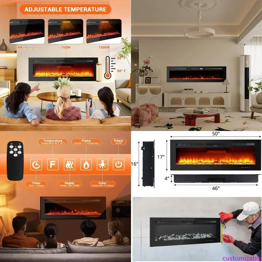 Bestseller50 Inch Wall-Mounted Electric Fireplace with Recessed Design, 12 Flame Color Options, Remote and Timer Controls, Touch