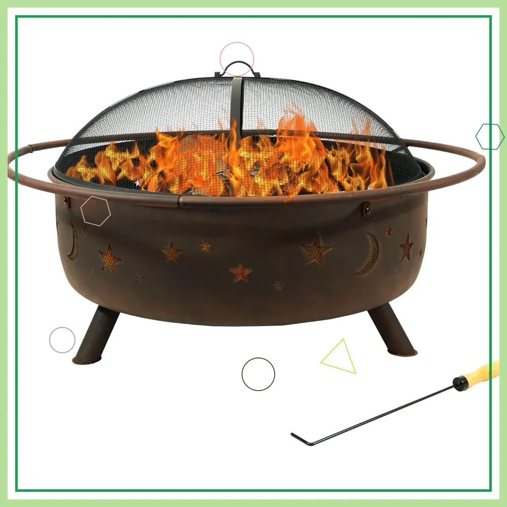42-Inch Large Outdoor Wood-Burning Fire Pit with Spark Screen, Poker, and Grate - Perfect for Backyard Gatherings