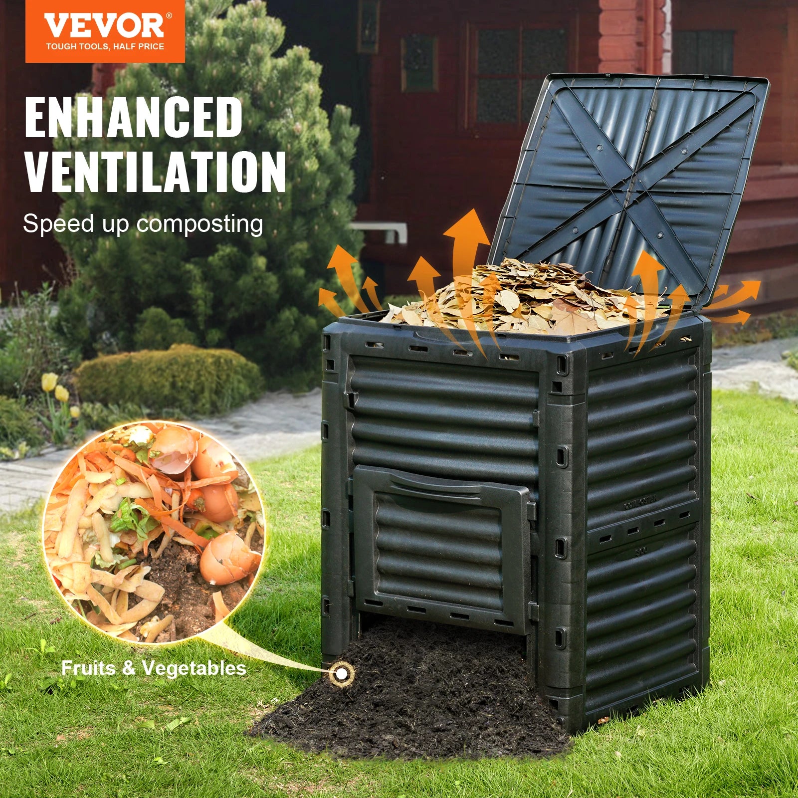 SucceBuy Garden Compost Bin BPA Free Composter Large Capacity Outdoor Composting Bin with Top Lid and Bottom Door Ample Space
