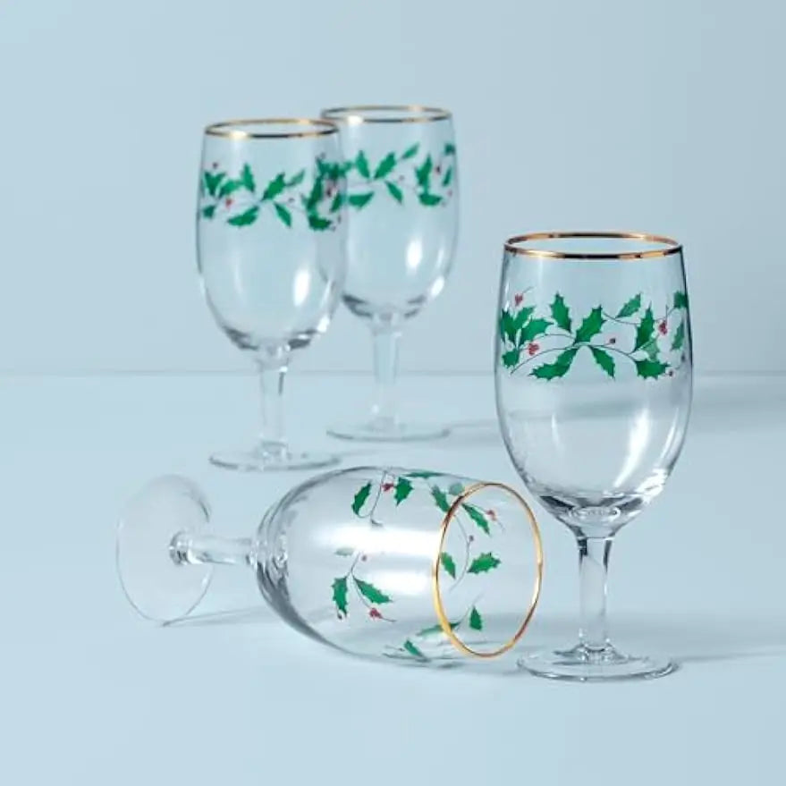 Glasses, 4-Piece Holiday Stemmed Dinnerware Gold Rim