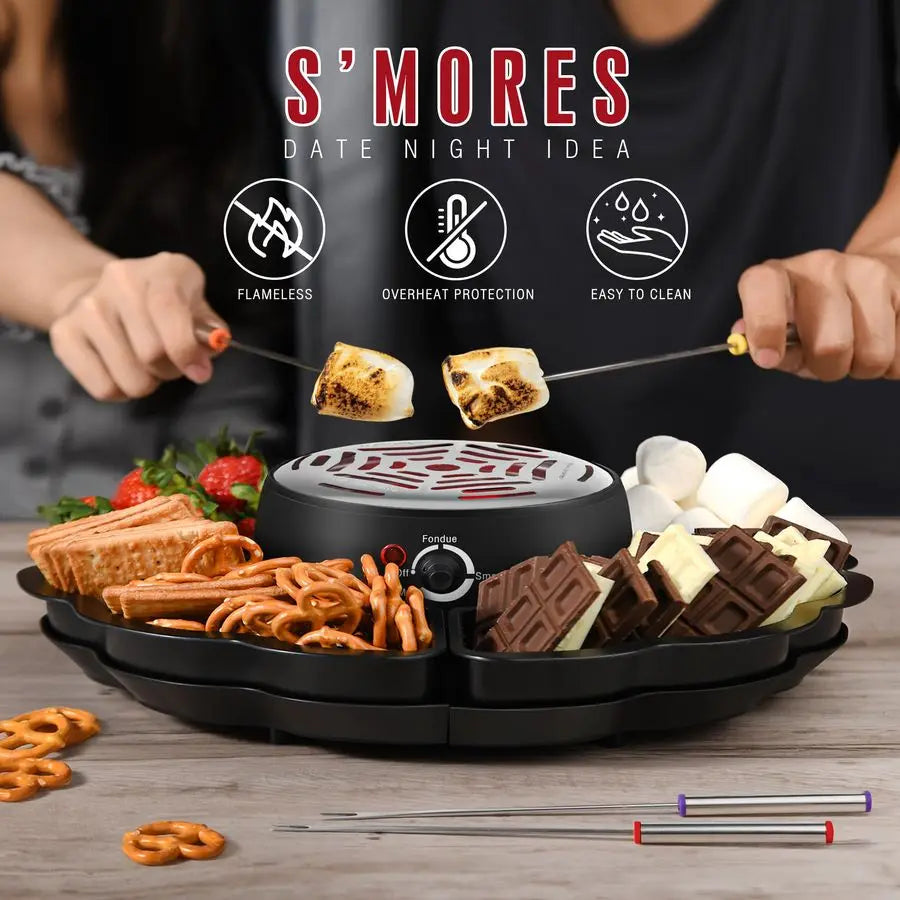 Fondue Pot & Smores Maker, Electric Tabletop Indoor kit w/ 4 Forks, 4 Trays