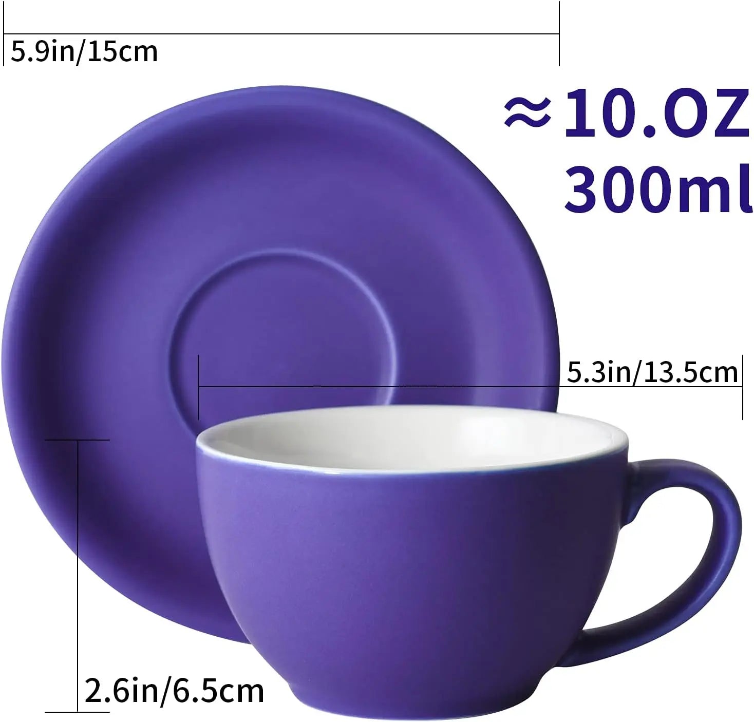 Latte Cup and Saucer, Ceramic 10 oz for Set of 4