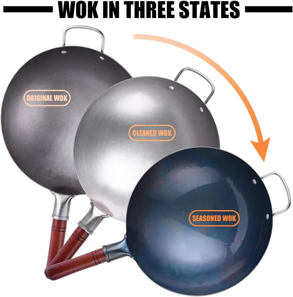 Wok Pan Set w/ 8 Accessories, 13.4 Steel Round Bottom