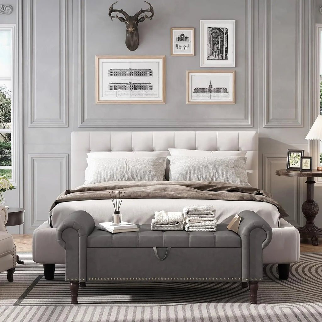 51” Bench with Storage, Upholstered Tufted Button Bedroom Bench with Storage, Faux Leather End of Bed Bench with, Customized