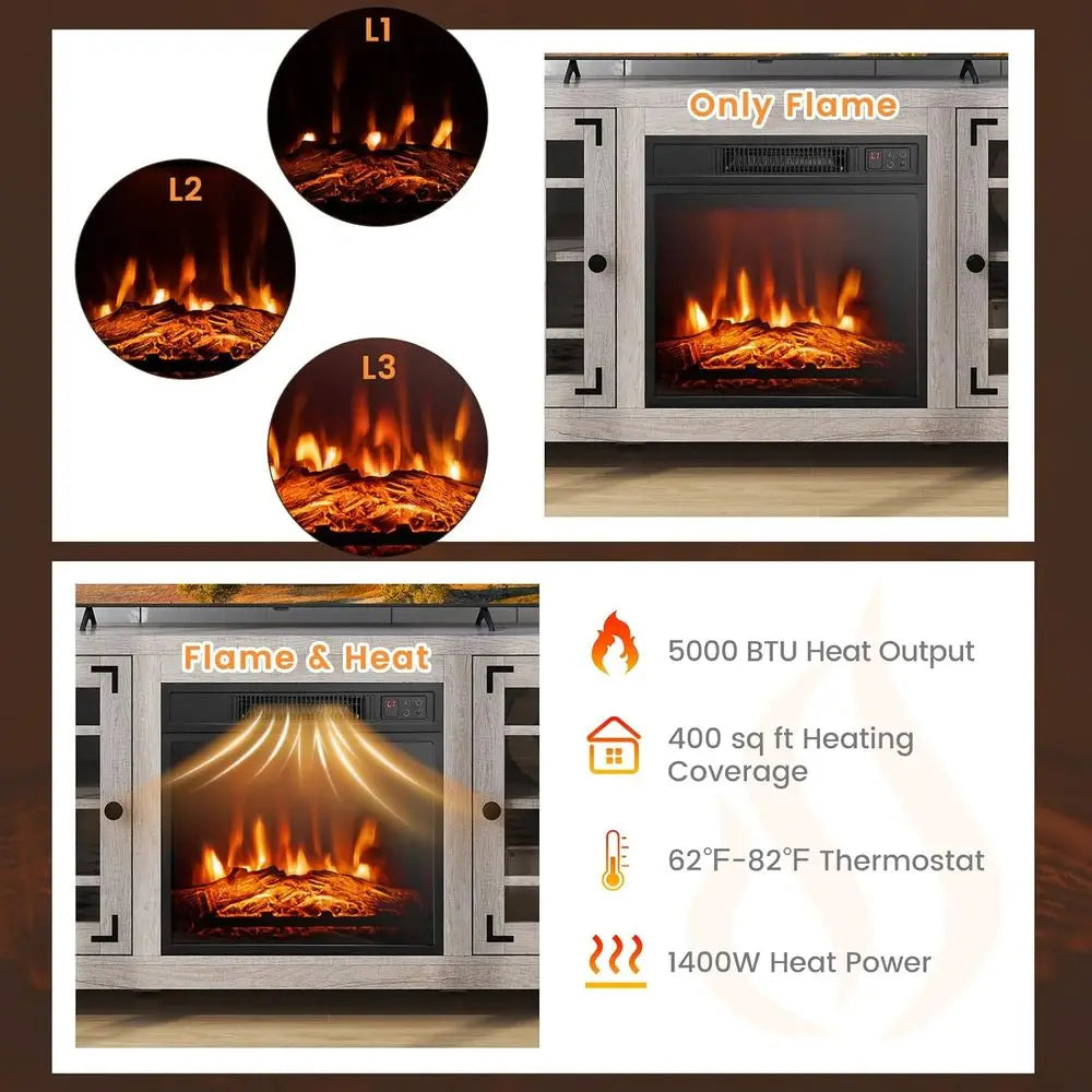 Electric Fireplace Stand with 18 Center, Remote & Thermostat, Adjustable Shelves for Home Entertainment Customized
