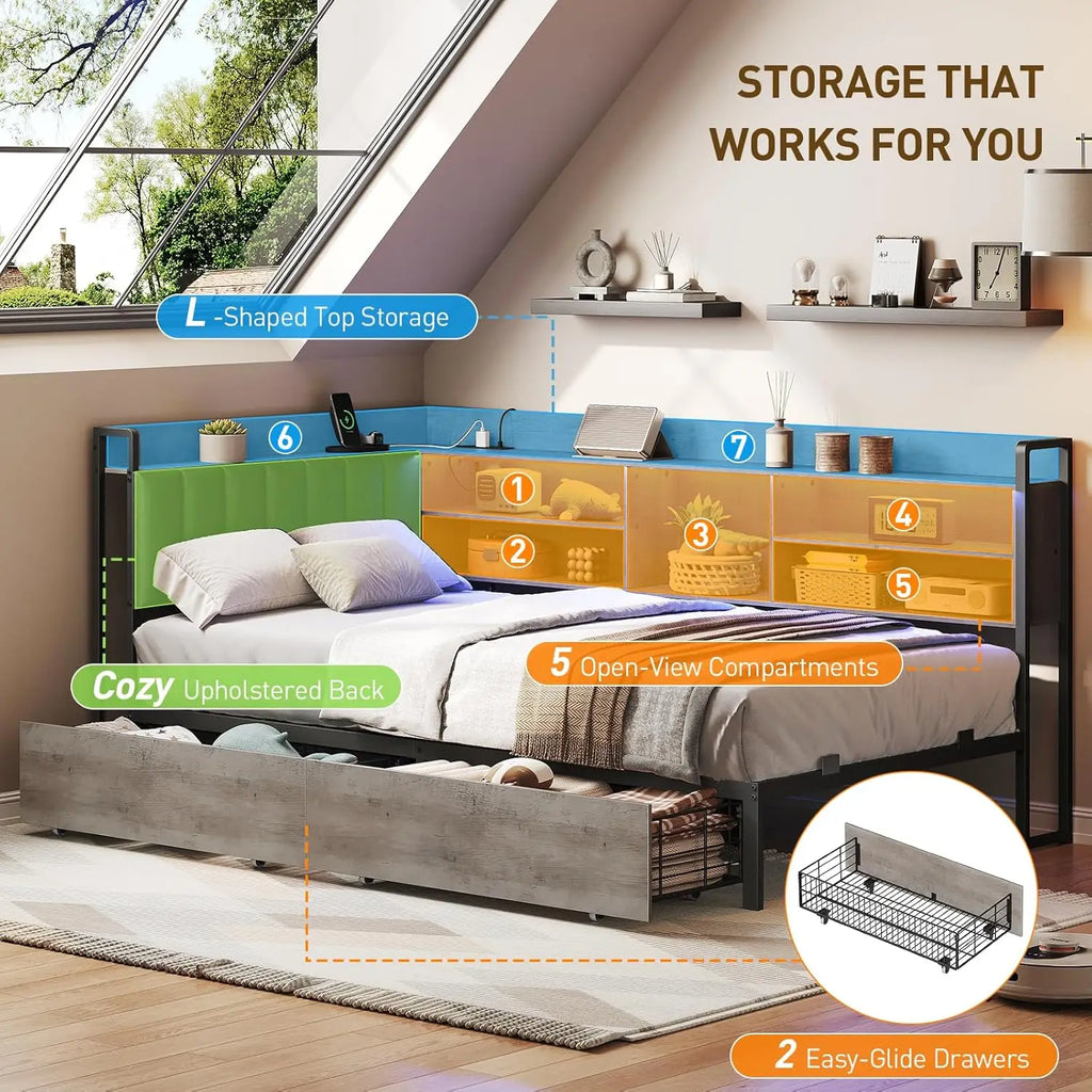 Corner Bookcase Twin Daybed PU Upholstered 2 Drawers Charging Station Metal Frame Bedroom Guest Gray Black, Customized