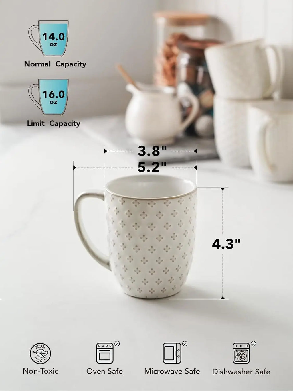 Mugs Set of 4, 16 oz Ceramic Embossed Dishwasher Safe White