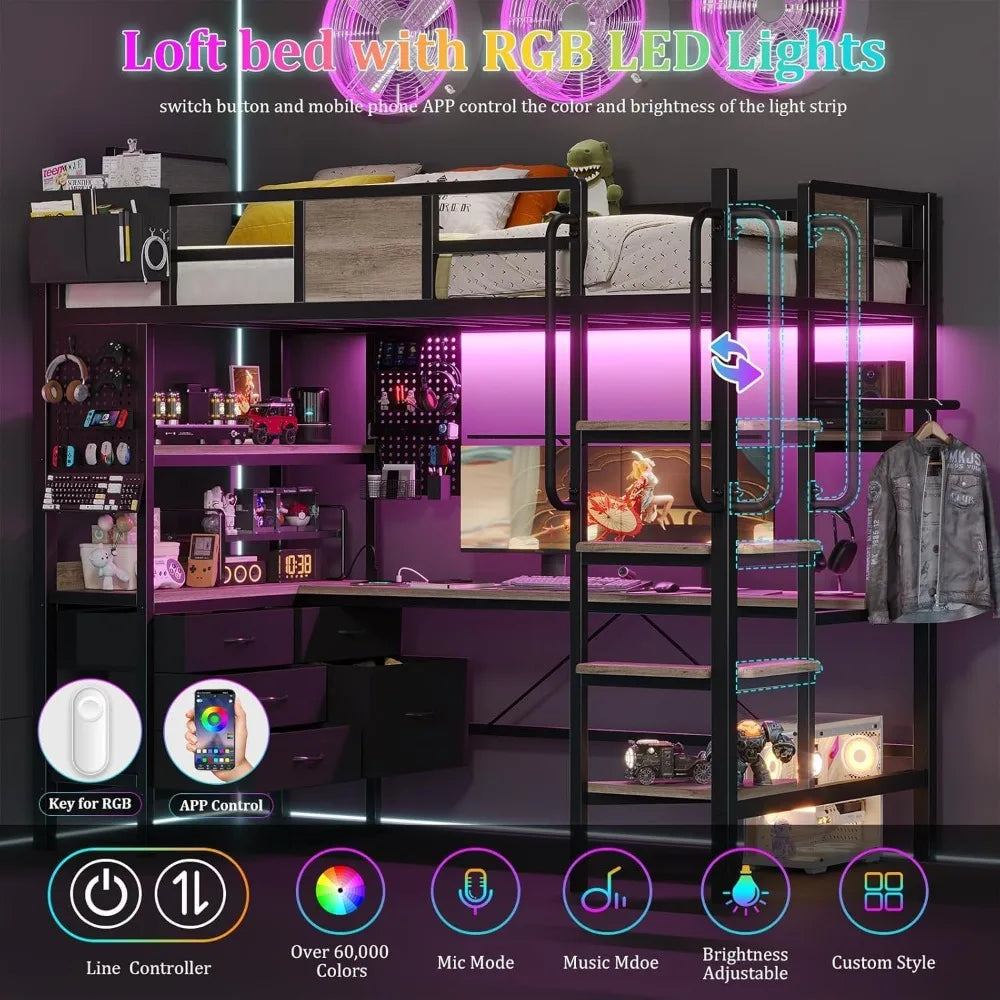 Twin Loft Bed with Desk, RGB LED Lights, Charging Station & Storage Drawers